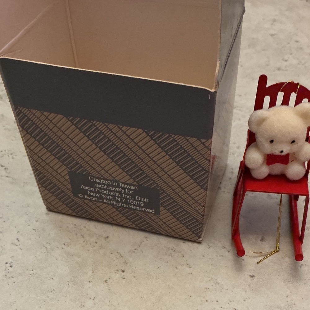 Vintage Avon Teddy Bear Ornament Collection Teddy on Rocker Red Metal Chair Box